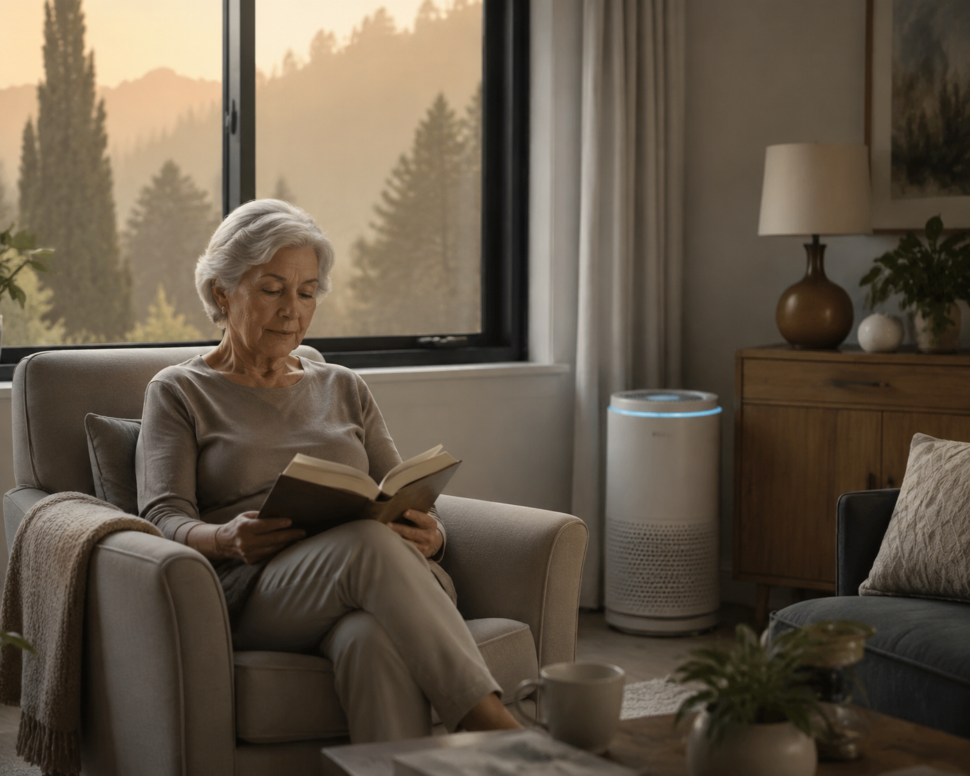 Older woman reading in a comfortable living room with a HEPA air purifier while smoky daylight shows through the window