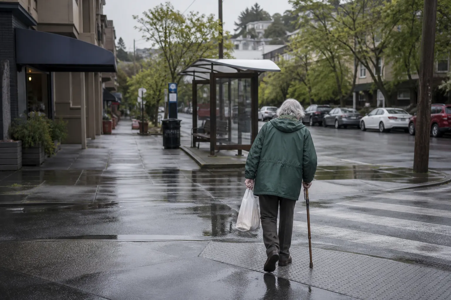 Older adult with a cane walking on a wet sidewalk toward a bus shelter