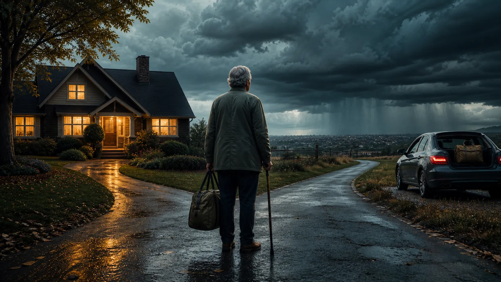 Older adult with a cane and go-bag standing at a stormy fork in the road between a lit house and a waiting car