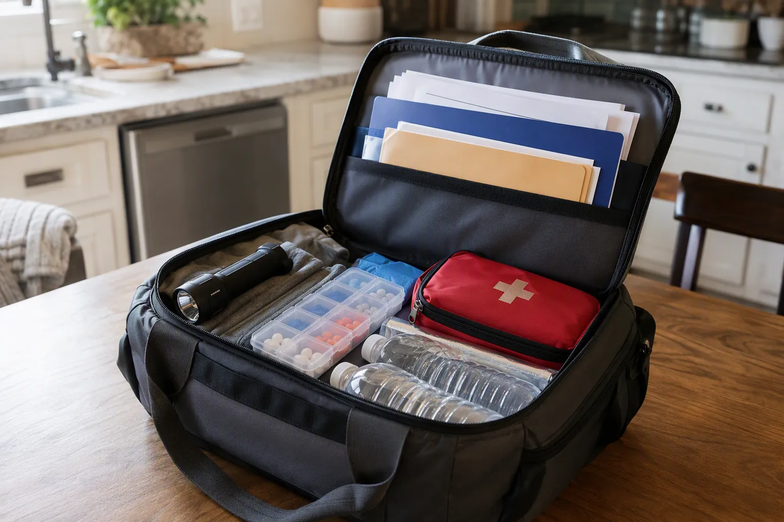 Open emergency go-bag with pill organizer, flashlight, paper documents, bottled water, and first-aid kit on a kitchen table