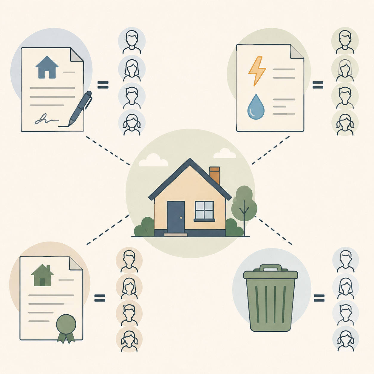 A house icon surrounded by shelter expense symbols showing how household members share housing costs.