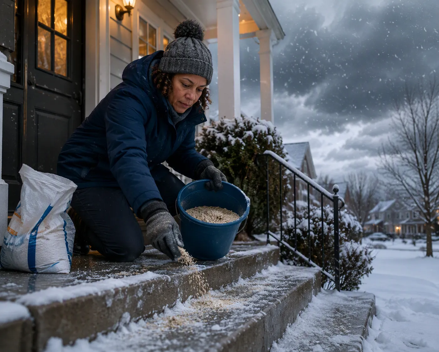 Caregiver applying rock salt and sand to icy porch steps before a winter storm