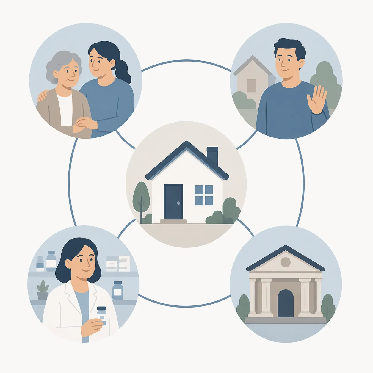 Support network illustration showing a home connected to a caregiver, neighbor, pharmacist, and bank