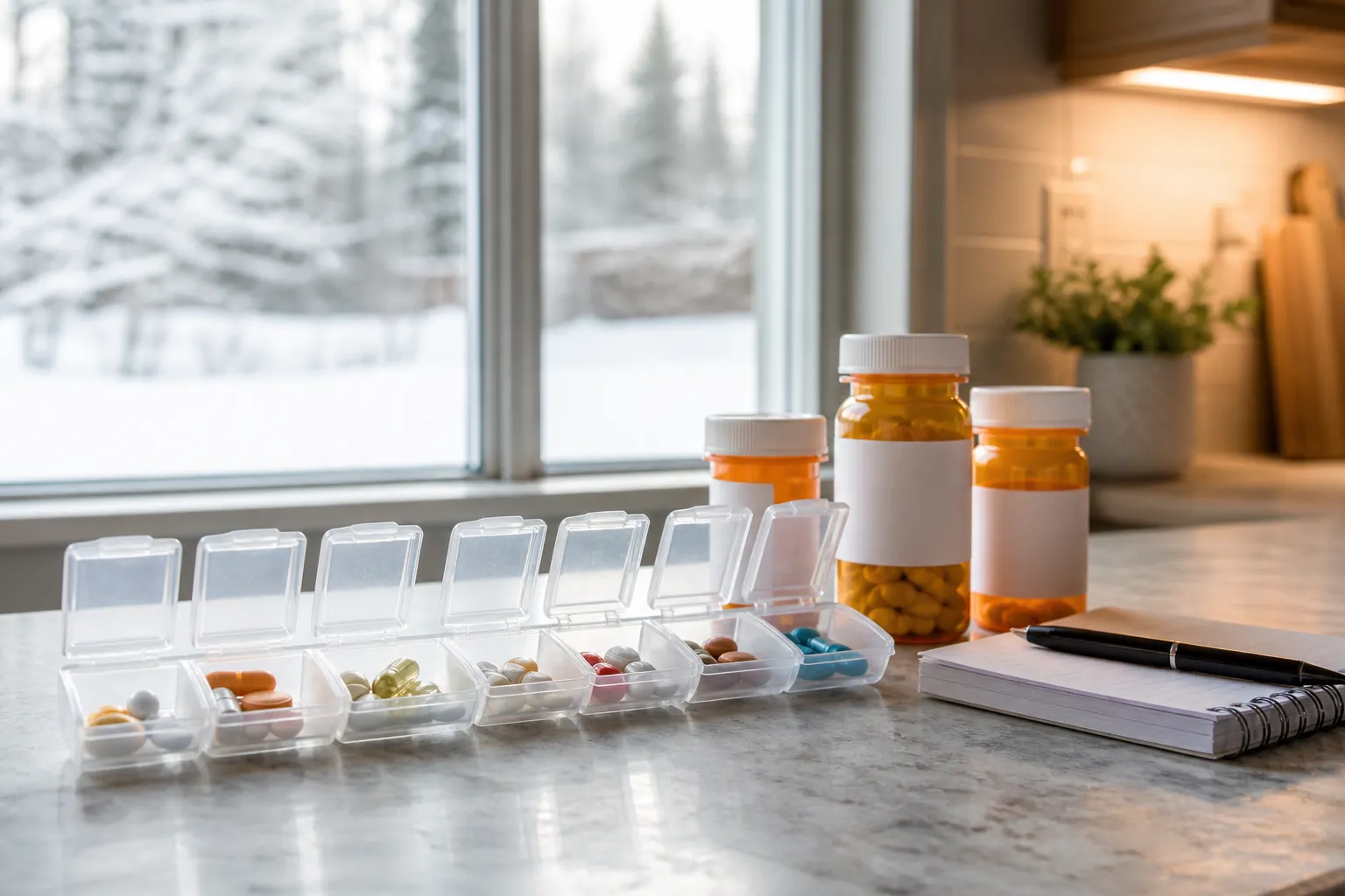 A weekly pill organizer beside prescription bottles and a notepad on a kitchen counter with snow visible through the window