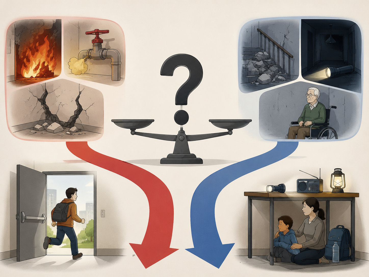 Decision diagram showing evacuation for fire, gas leak, or cracked walls and staying in place for blocked stairs with mobility limits