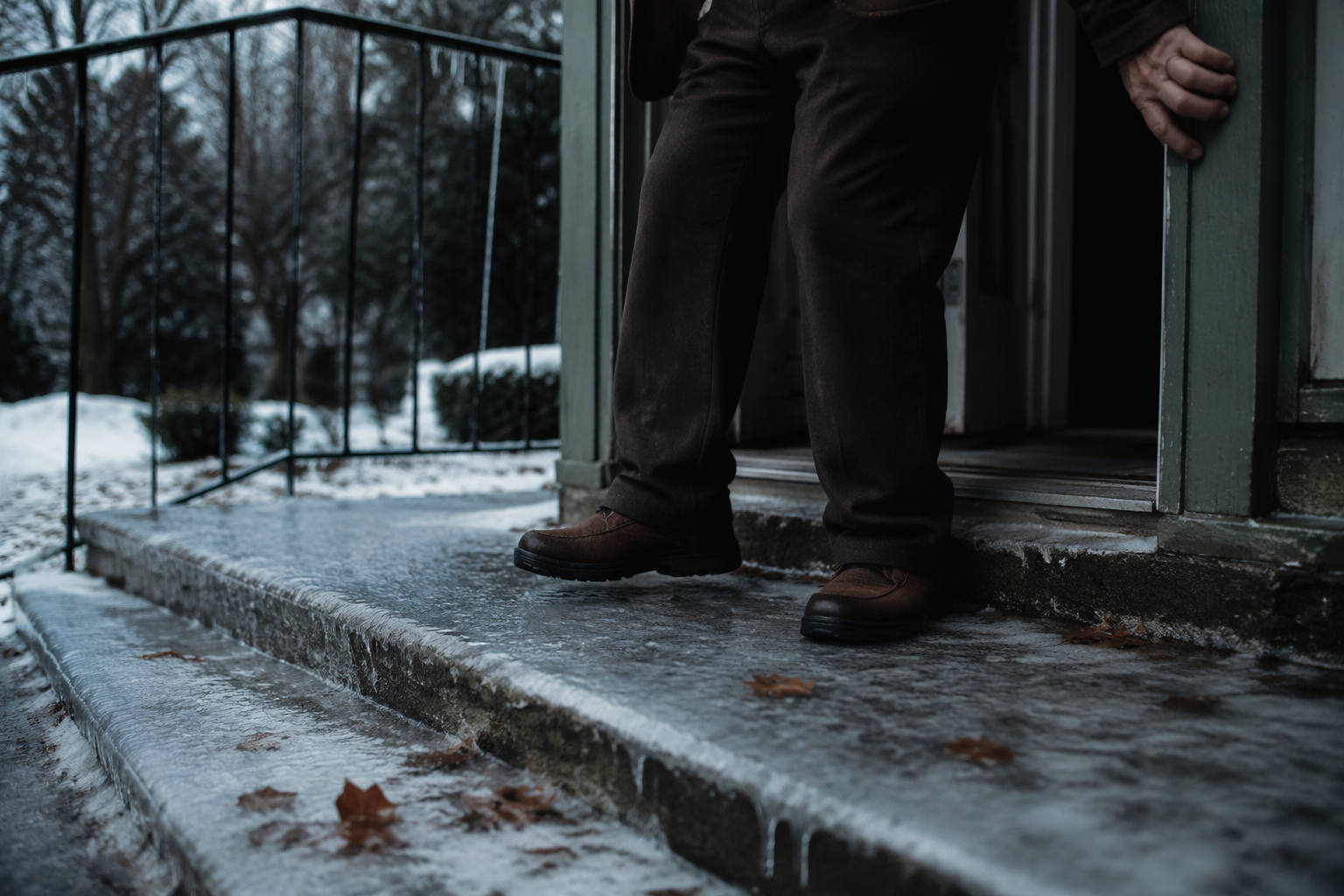 Older adult standing at the edge of an icy front porch with wet leaves on the steps