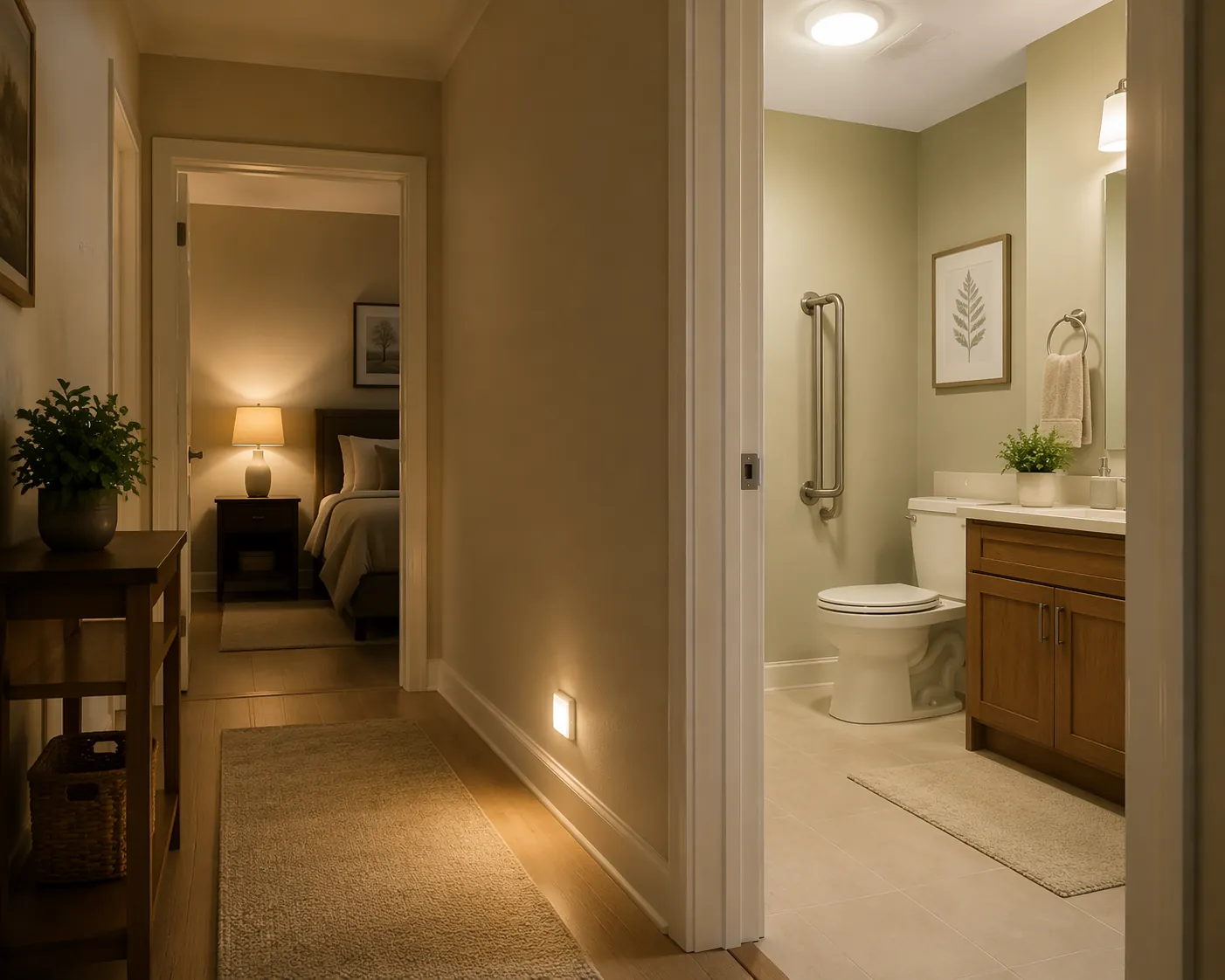 Well-lit hallway and bathroom entrance with a motion nightlight, bright bathroom fixture, contrasting grab bar, and bedside lamp