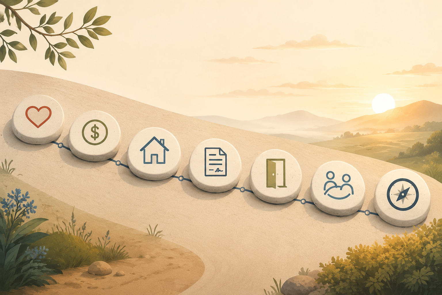 Illustration of seven connected conversation milestones for planning an aging parent’s move into a family home