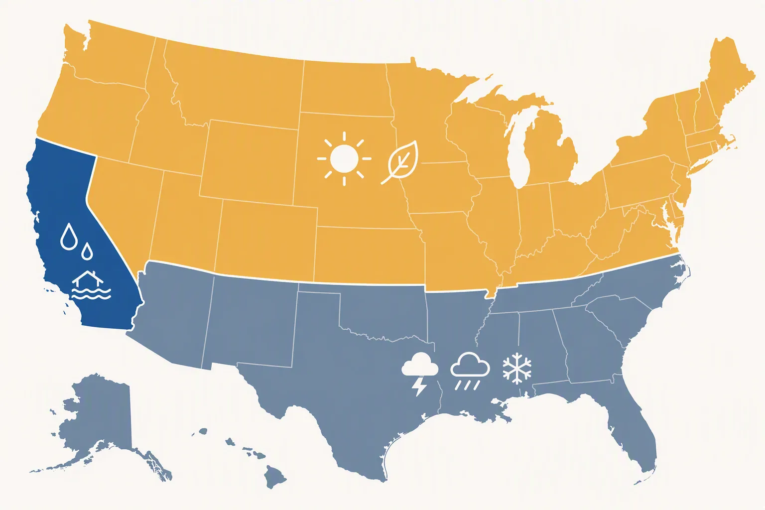 Map of the continental U.S. divided into northern dry, southern stormy, and coastal California rain planning zones