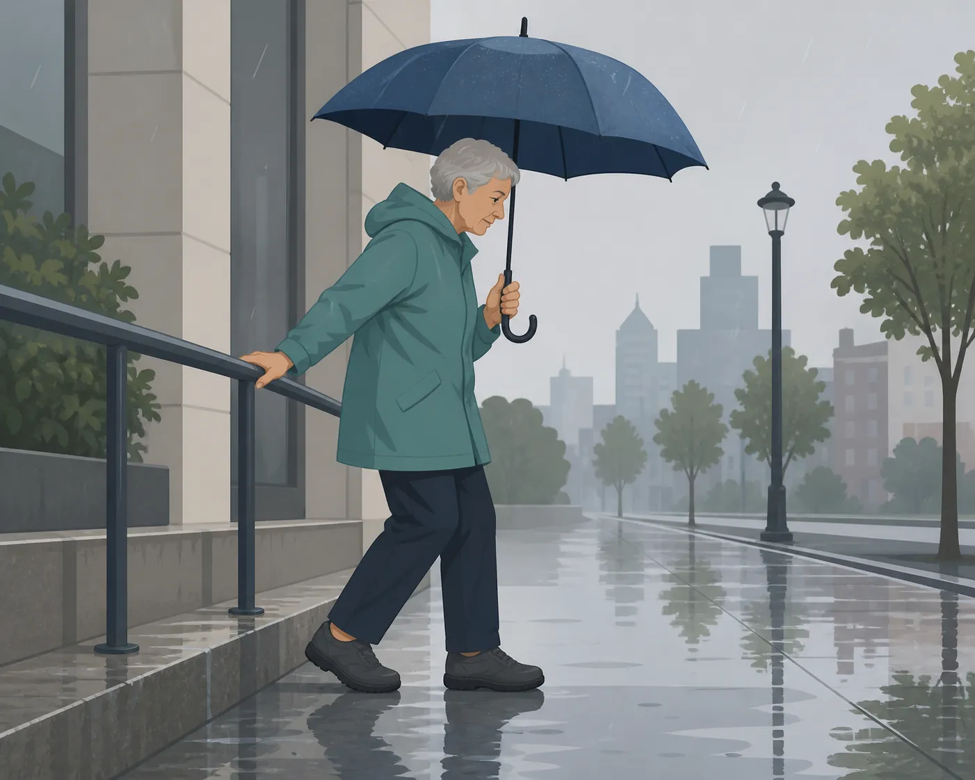 Older adult taking short careful steps on a wet sidewalk while using a handrail and wearing flat nonslip shoes
