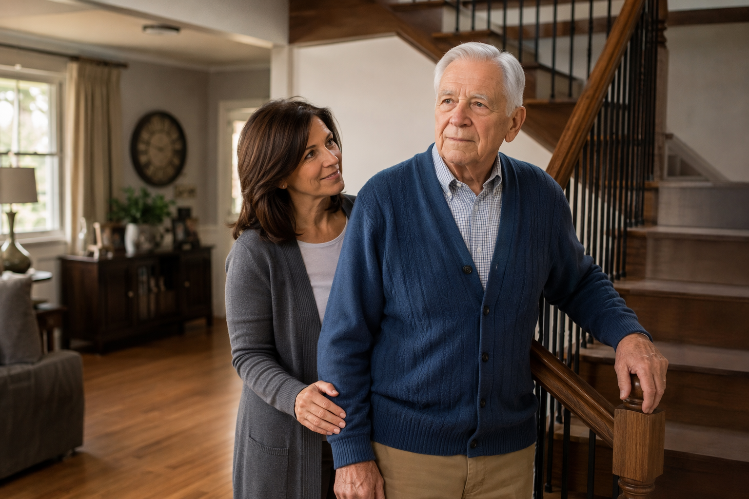 Older man standing near a staircase with his adult daughter beside him at the railing