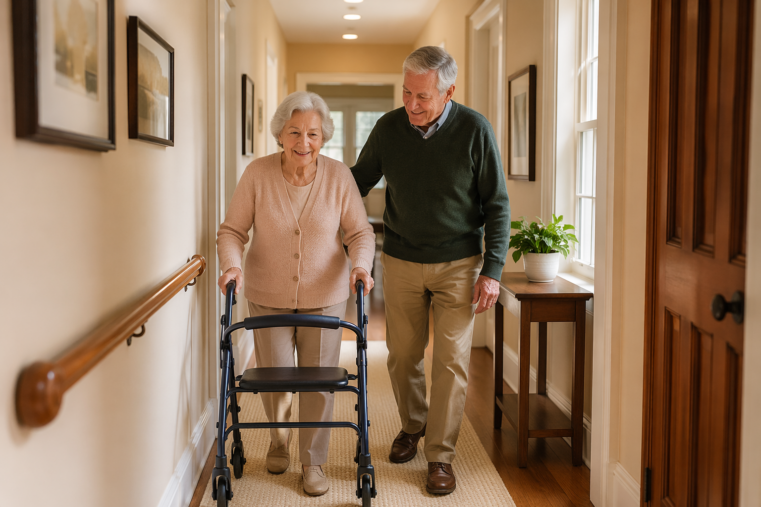 A man in his late 60s walks beside his wife in a bright, clutter-free home hallway. The wife uses a walker and walks steadily while the husband gently supports her with a hand on her back. A wooden grab bar is mounted on the wall, the floor has a non-slip mat, and overhead lighting keeps the hallway well-lit.