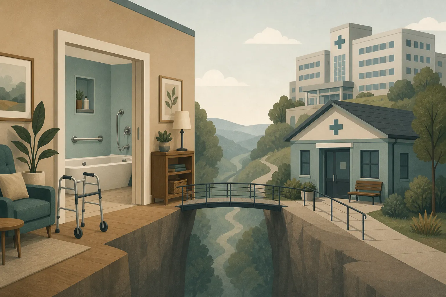 Accessible home interior connected to a clinic and hospital to show the trade-off between housing layout and healthcare access