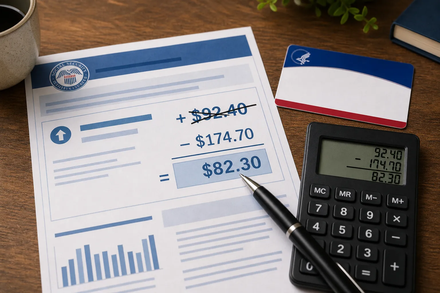 Social Security statement, Medicare card, calculator, and pen showing a smaller net benefit after deductions