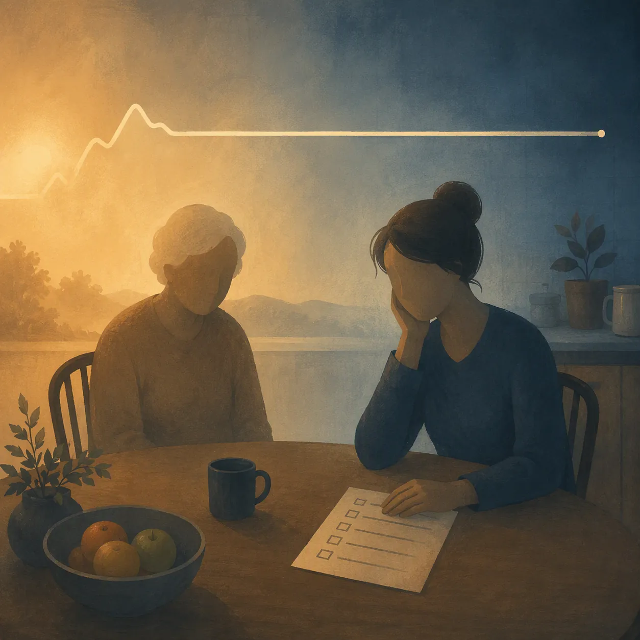 Older adult and caregiver seated at a kitchen table with a checklist during a recovery plateau