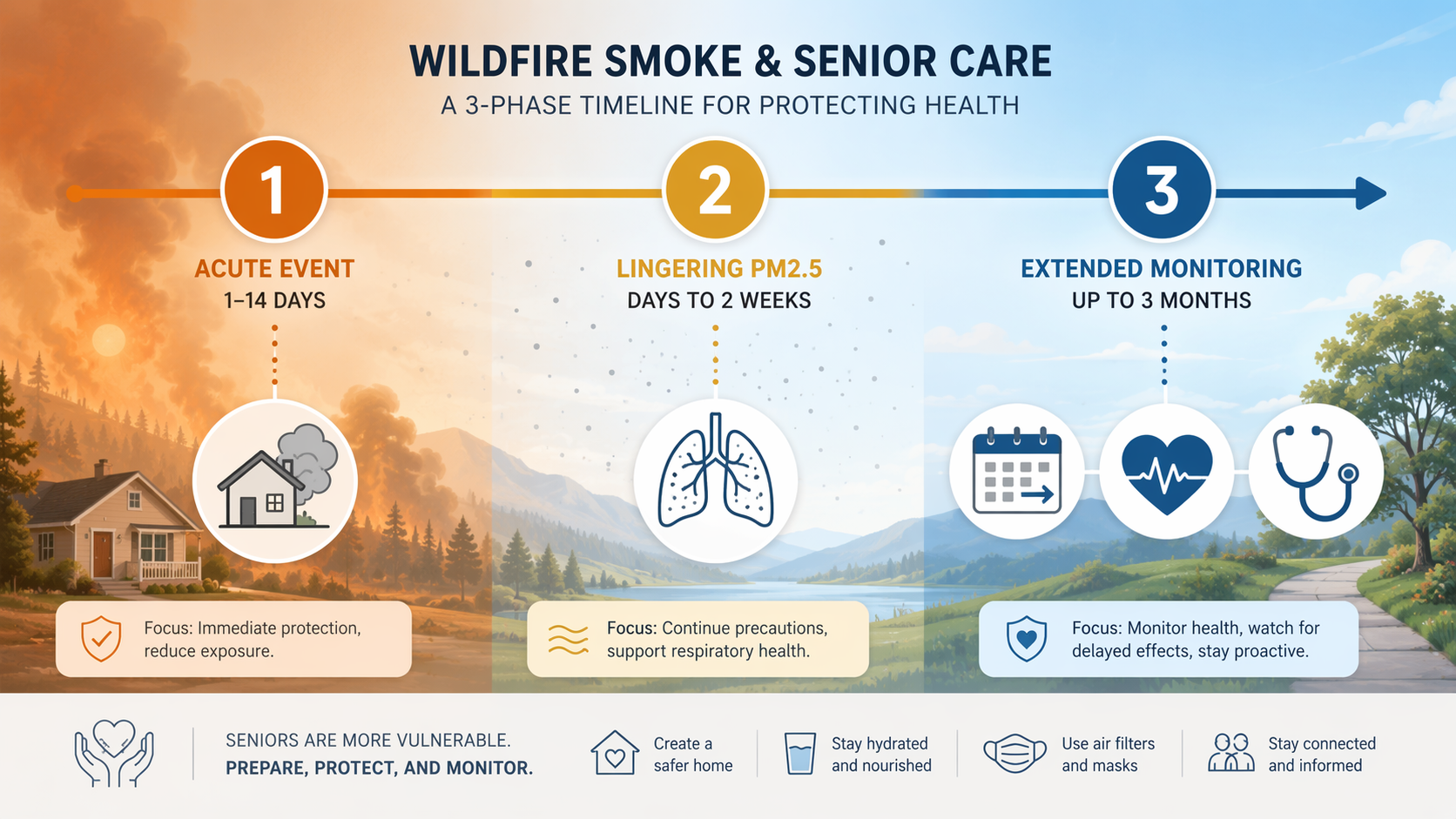 Three-phase wildfire smoke safety timeline for older adults, moving from acute event to lingering PM2.5 to extended health monitoring