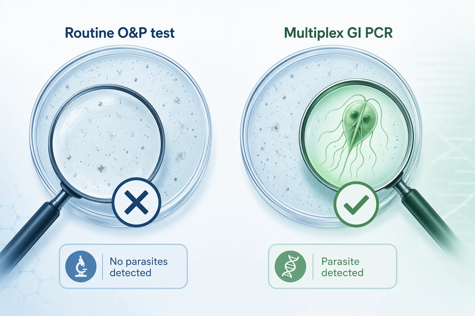 Medical illustration comparing a routine ova and parasite test that misses Cyclospora with PCR detection