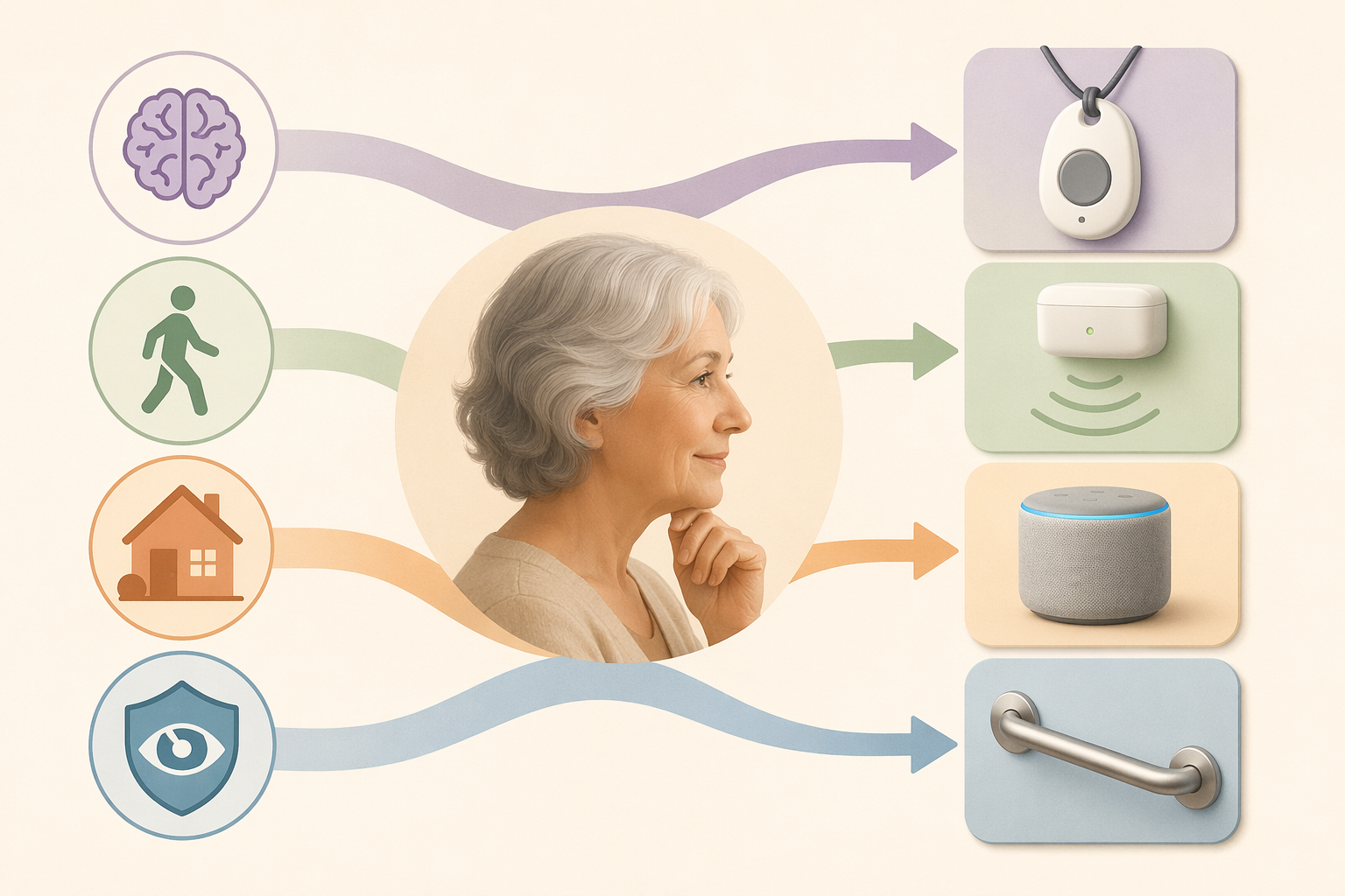 Illustration showing cognitive status, mobility, living situation, and privacy comfort matching to home safety product categories