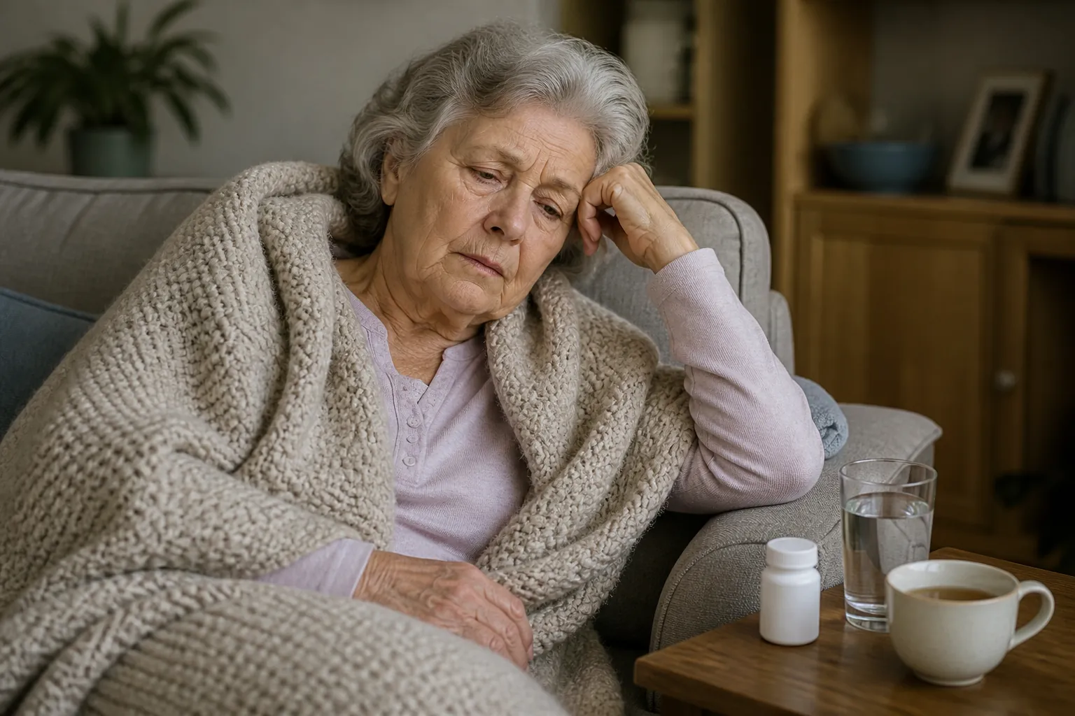 Older adult resting on a sofa with a blanket, water, tea, and a pill bottle nearby