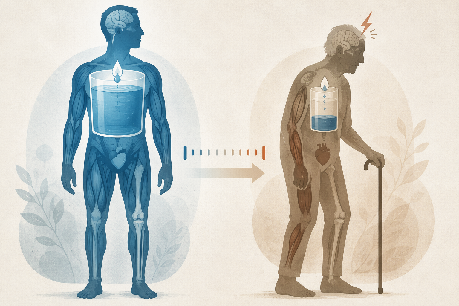 Comparison of younger and older adult bodies showing reduced fluid reserve and narrower safety margin in older age