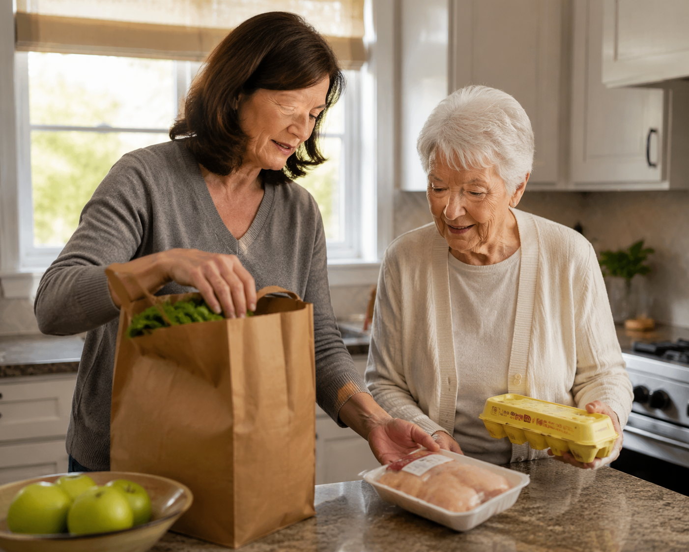 Adult child and older parent in a home kitchen looking at groceries with eggs and poultry on the counter