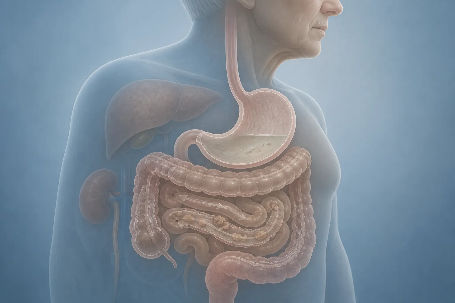 Illustration of an aging digestive system with slower intestinal movement and dimmed liver and kidney shapes in the background
