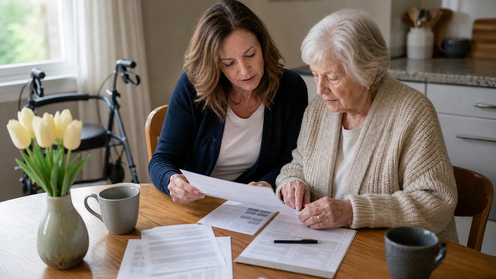 Adult daughter and elderly mother reviewing Medicare plan documents at a kitchen table with a rollator nearby