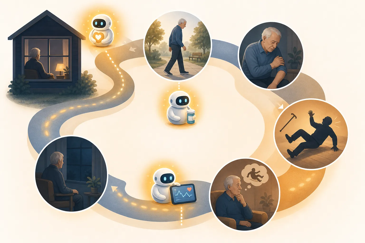 Illustration of isolation, reduced walking, muscle weakness, fall risk, and fear of falling connected in a cycle