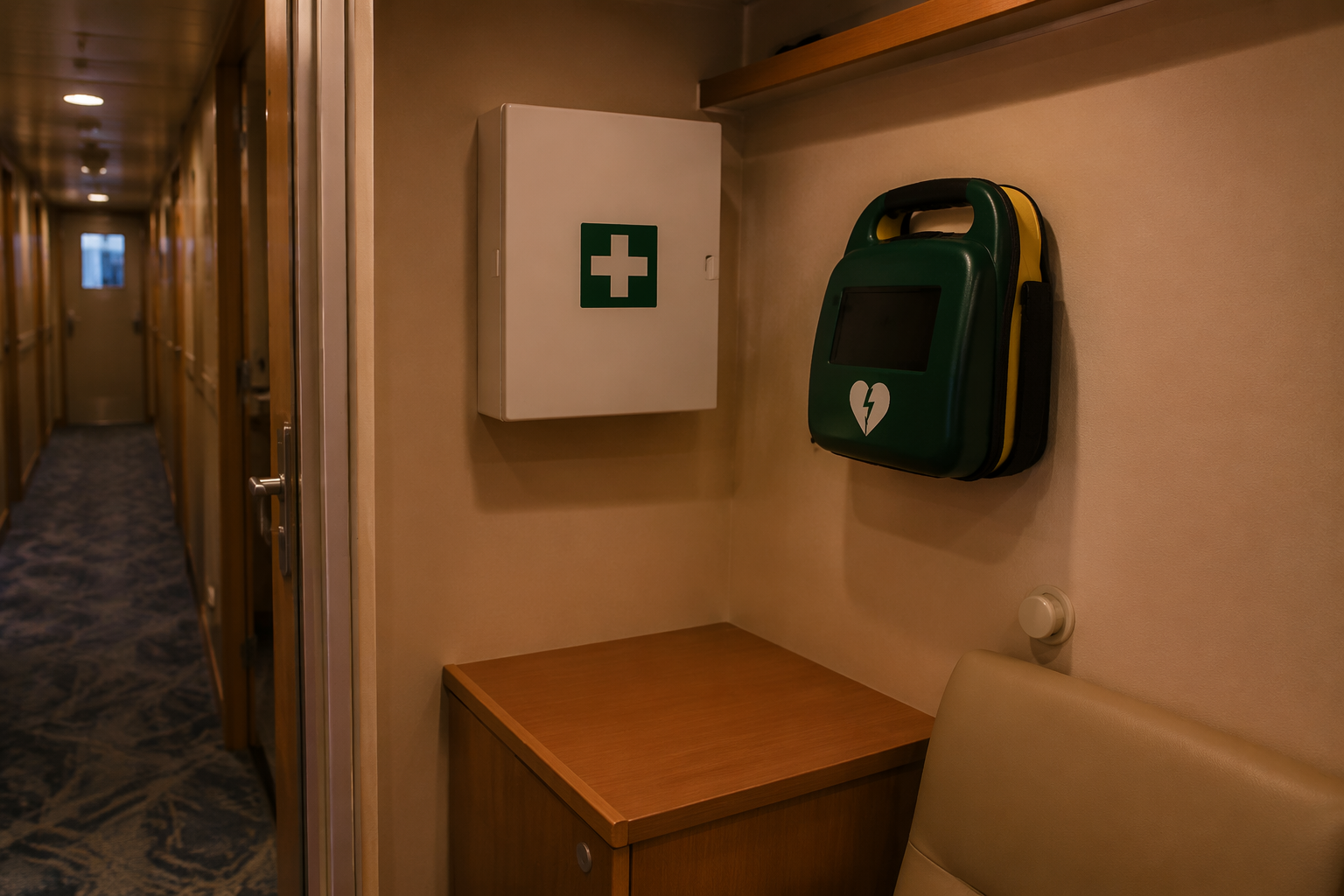 A small first-aid kit and AED mounted in a narrow river cruise ship corridor