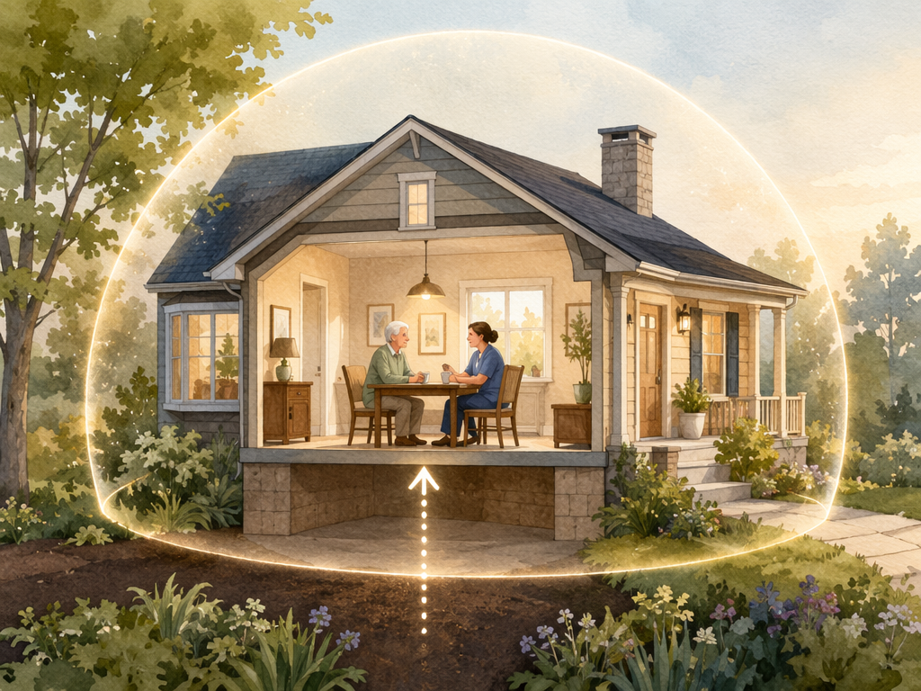 Editorial illustration of a single-family house with a protective glow and a cutaway view showing a caregiver and senior seated at a dining table.