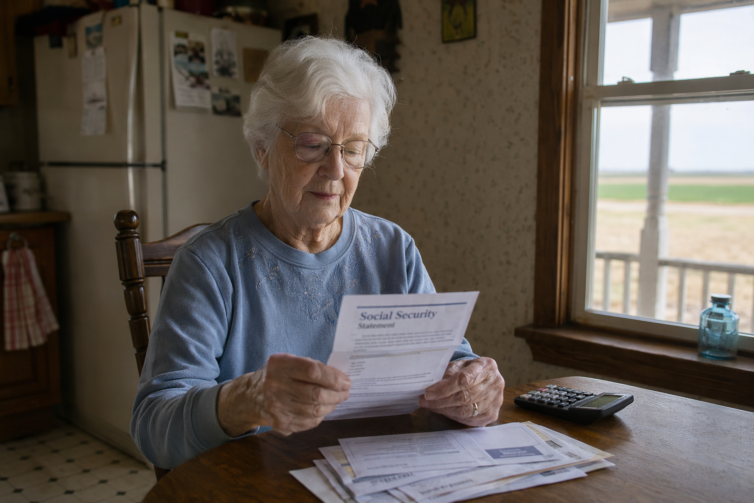 Older woman reviewing a Social Security benefit statement at a modest kitchen table