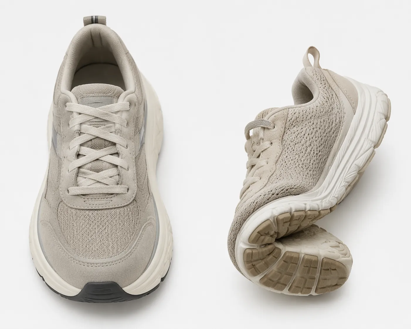 Flat-lay comparison of a stable wide-platform walking shoe and a lightweight flexible shoe with the sole twisting