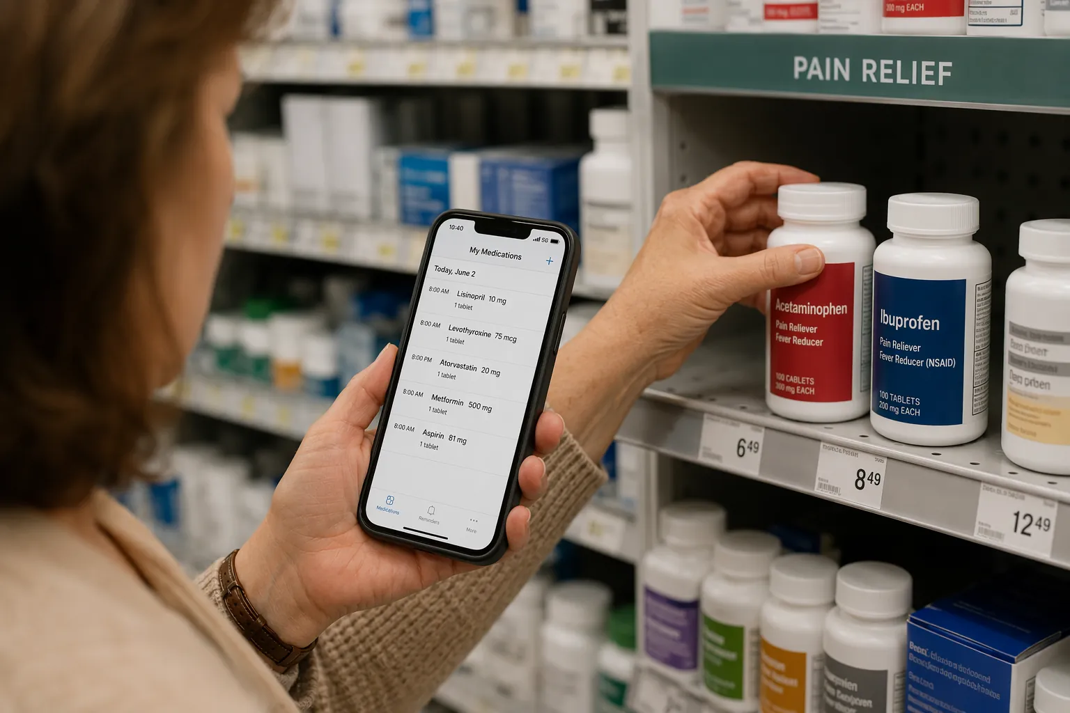 Caregiver comparing pain relievers in a pharmacy aisle while checking a medication list on a phone