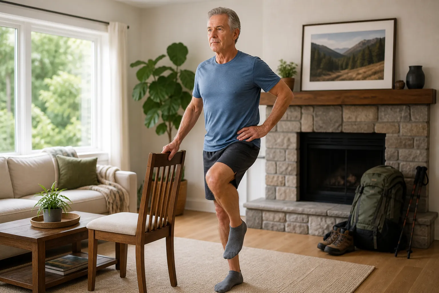 Older adult practicing a one-leg balance exercise while holding a sturdy chair at home