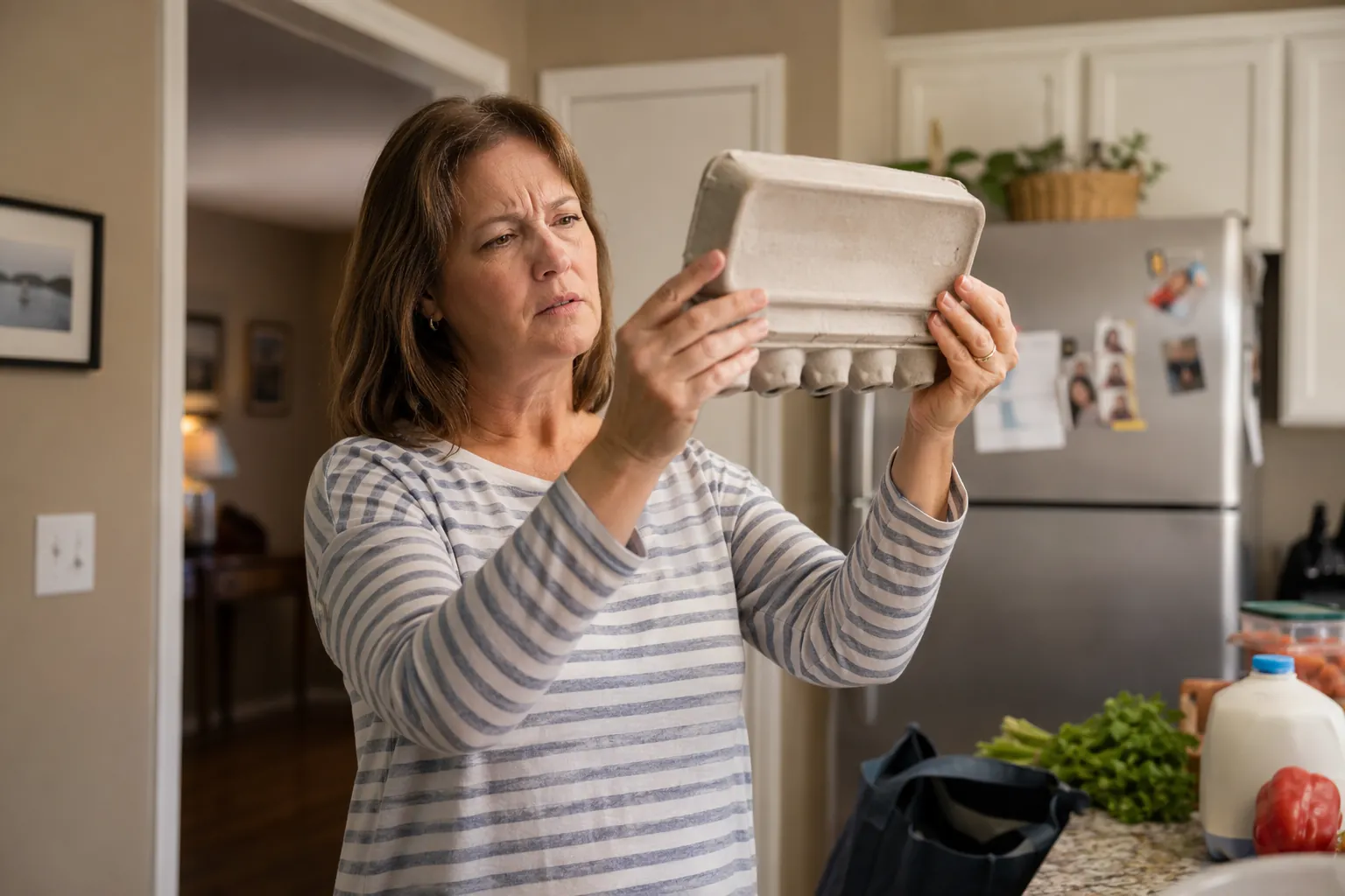 Caregiver inspecting the label on an open egg carton in a home kitchen