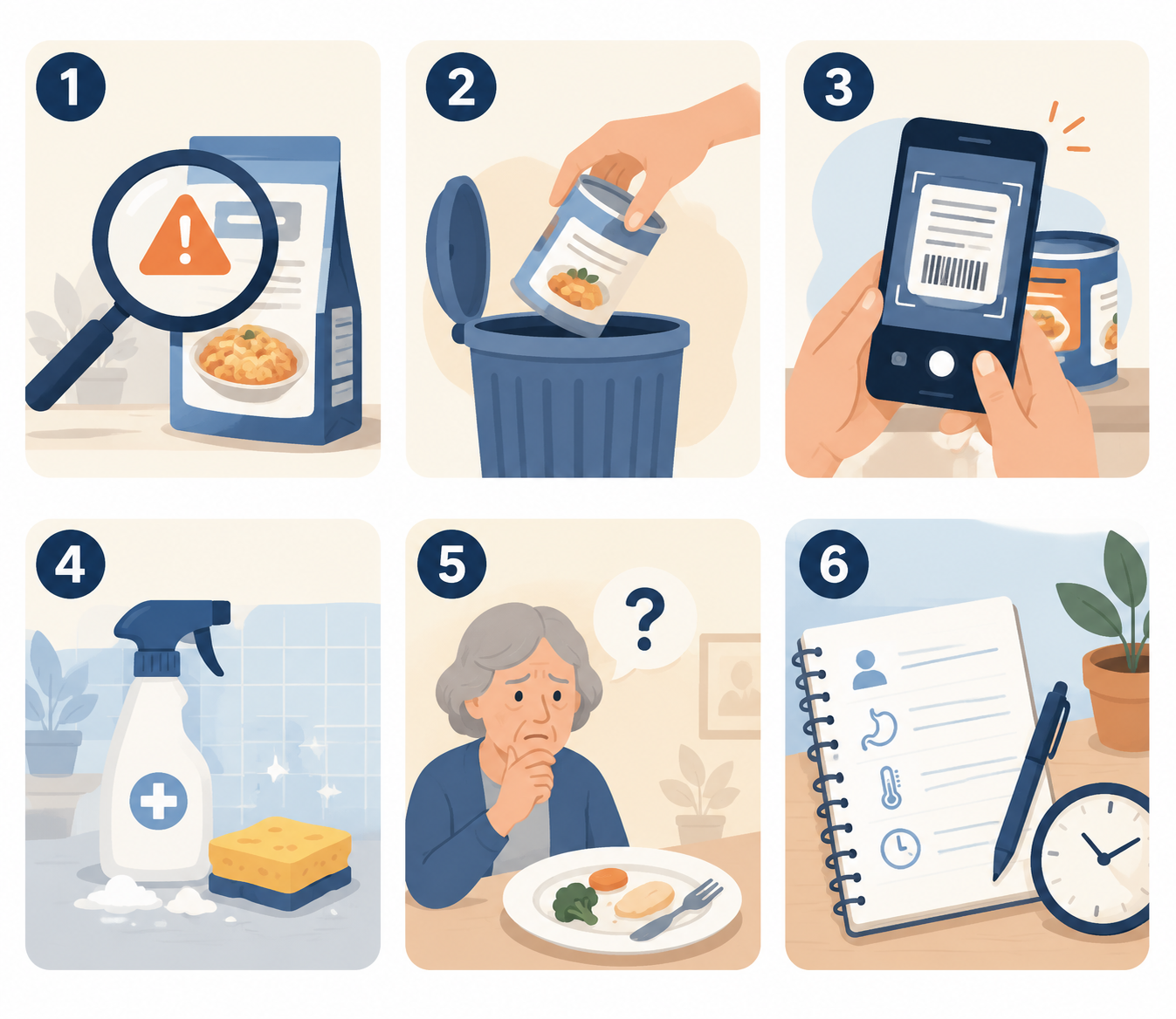 Six-step food recall response checklist showing recall confirmation, product isolation, label photo, sanitizing, exposure check, and symptom tracking