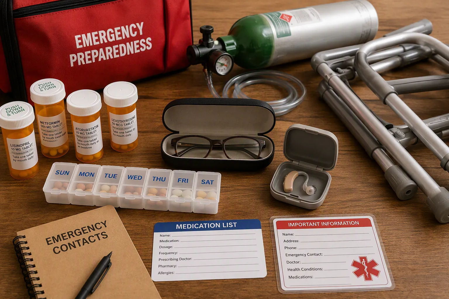 Prescription bottles, a pill organizer, reading glasses, a hearing aid case, and oxygen tubing arranged for emergency evacuation