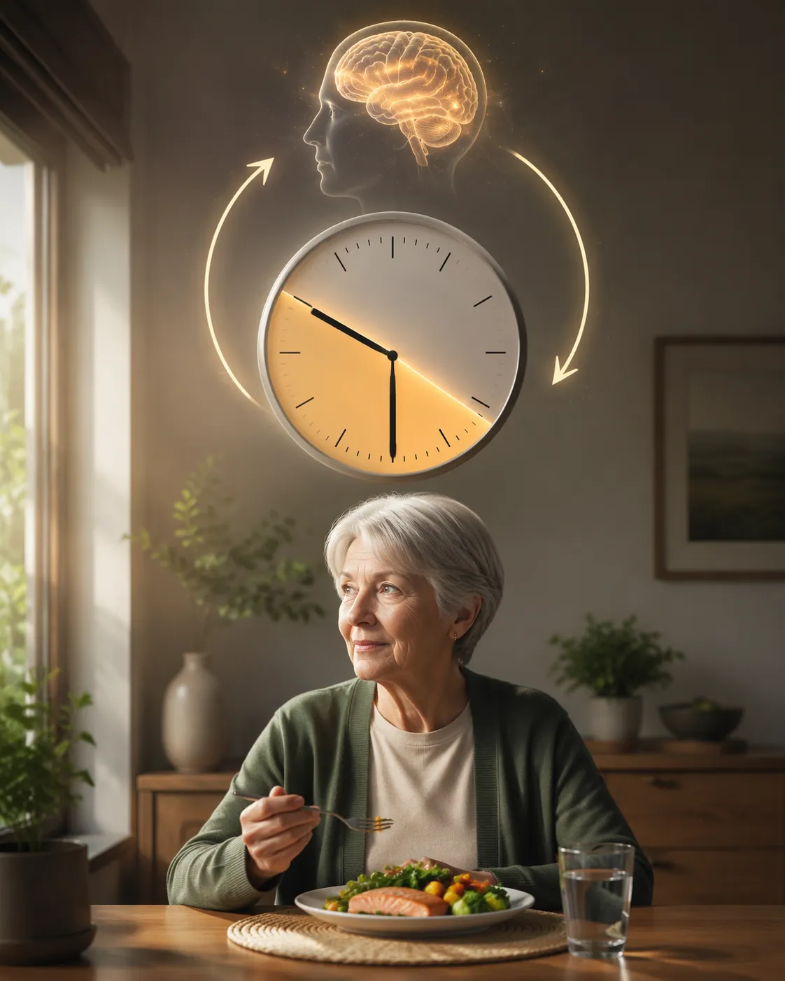 Older adult at a dining table with a clock showing a 10 a.m. to 6 p.m. eating window and a glowing brain silhouette