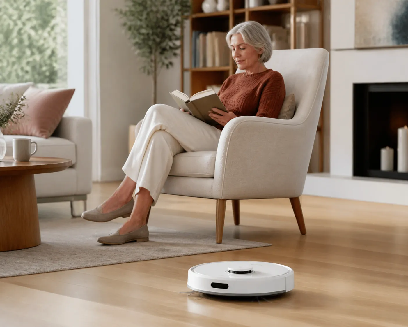 Older woman reading in an armchair while a robot vacuum cleans a bright living room