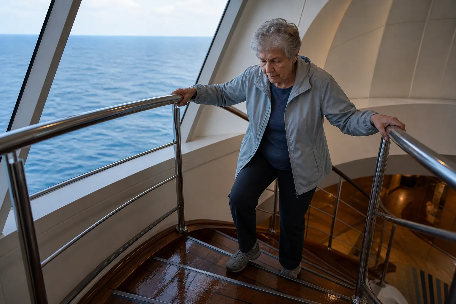 Older woman carefully descending a cruise ship stairwell while holding a metal handrail