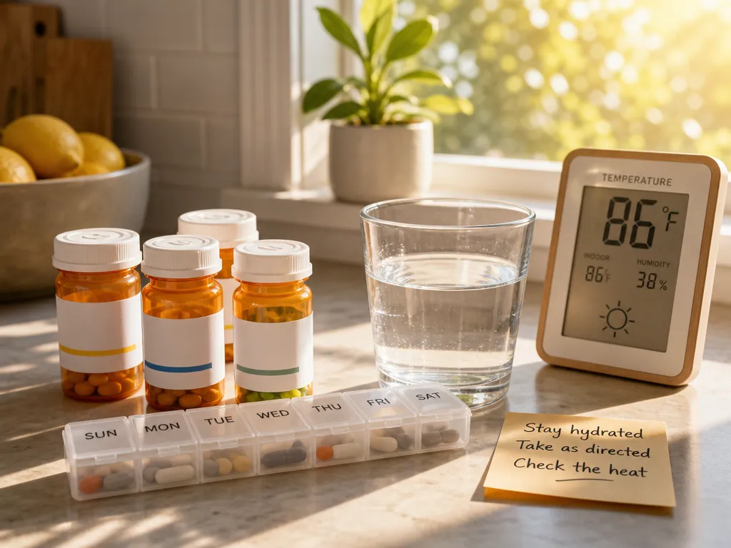 Prescription bottles, a weekly medication organizer, a thermometer, and a glass of water on a sunny kitchen counter