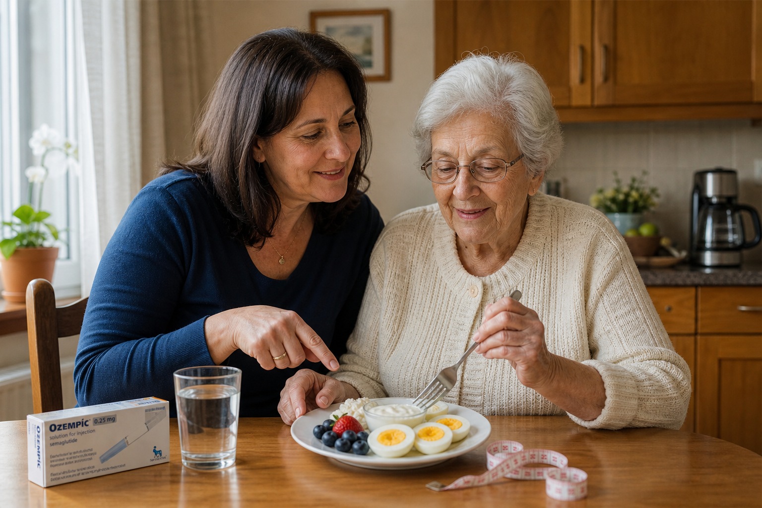 A daughter and older mother review medication, water, measuring tape, and protein-rich food at a kitchen table