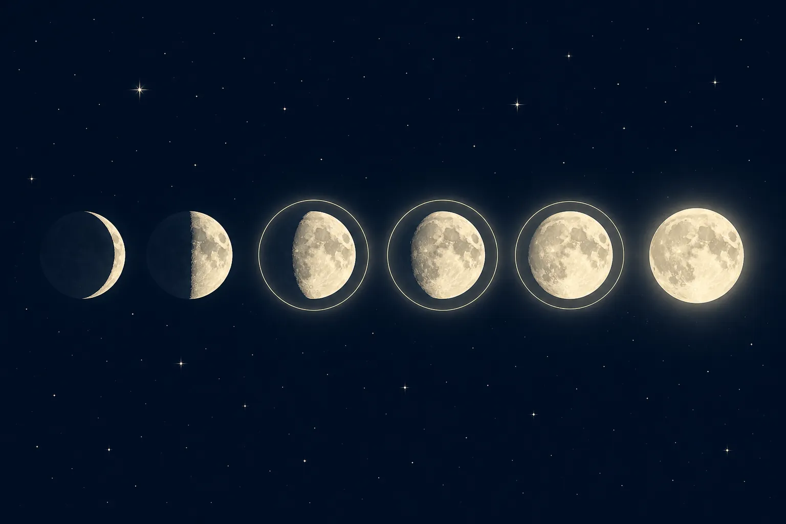 Illustration of waxing moon phases leading to a bright full moon