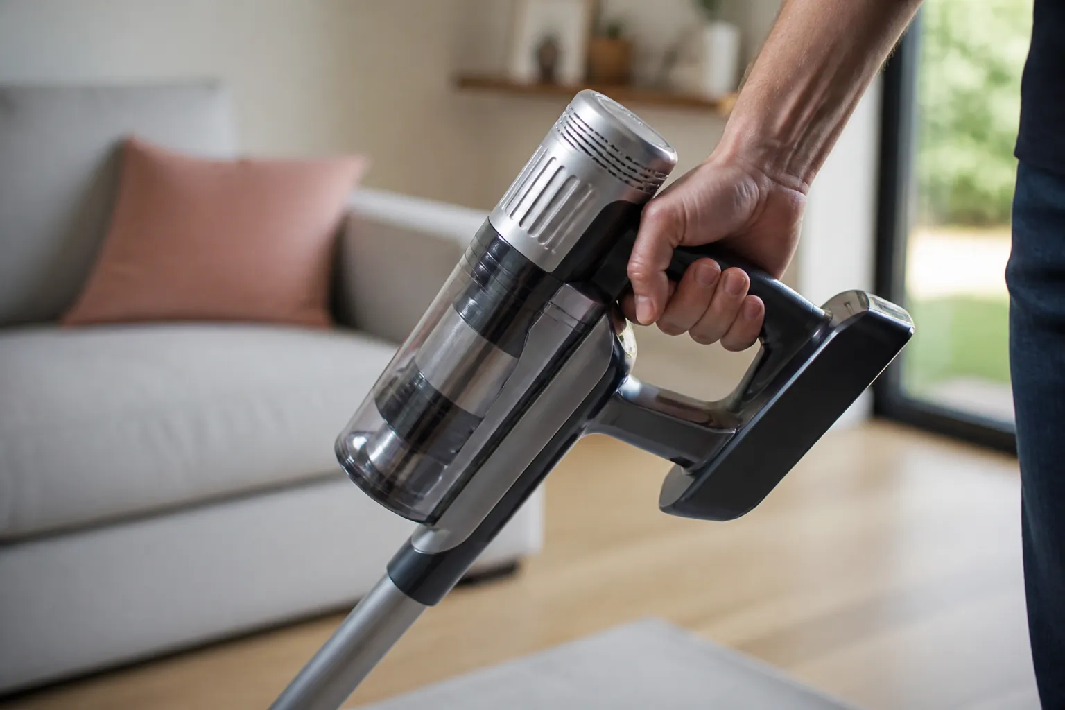 Older adult lifting a cordless stick vacuum with one hand to test its in-hand weight