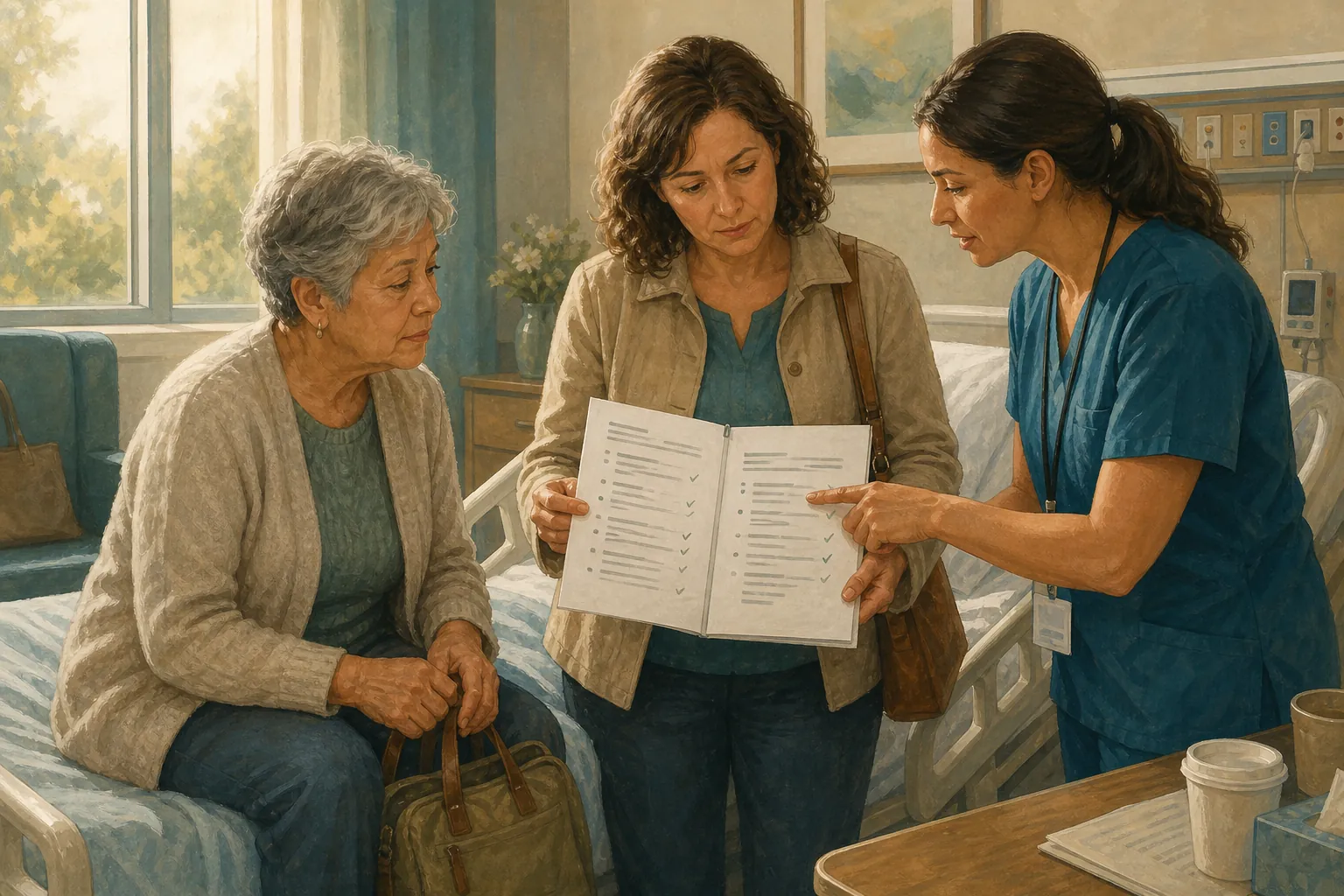 Older adult at hospital discharge while a caregiver and nurse review two medication lists
