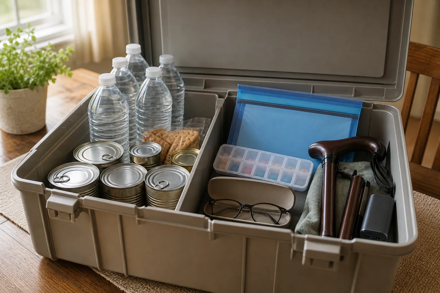 Open hurricane preparedness tote for an older adult with bottled water, canned food, medications, documents, glasses, cane, and power bank