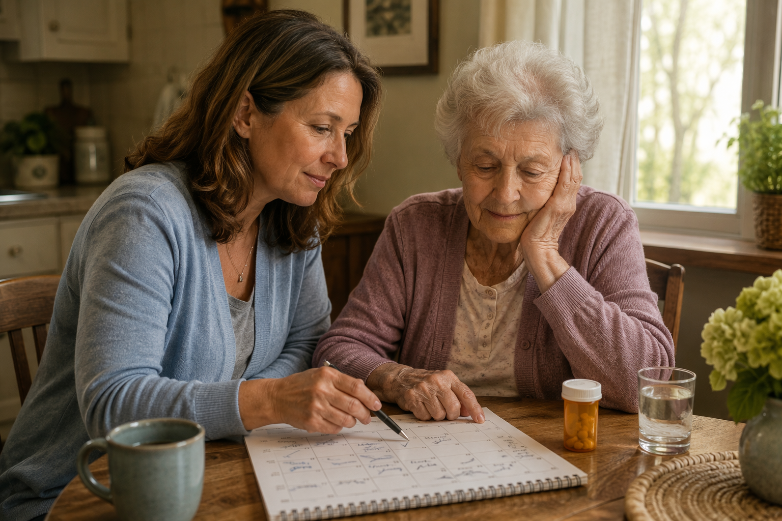 Adult child caregiver monitoring an older parent at a kitchen table with a weekly calendar, water glass, and medication bottle