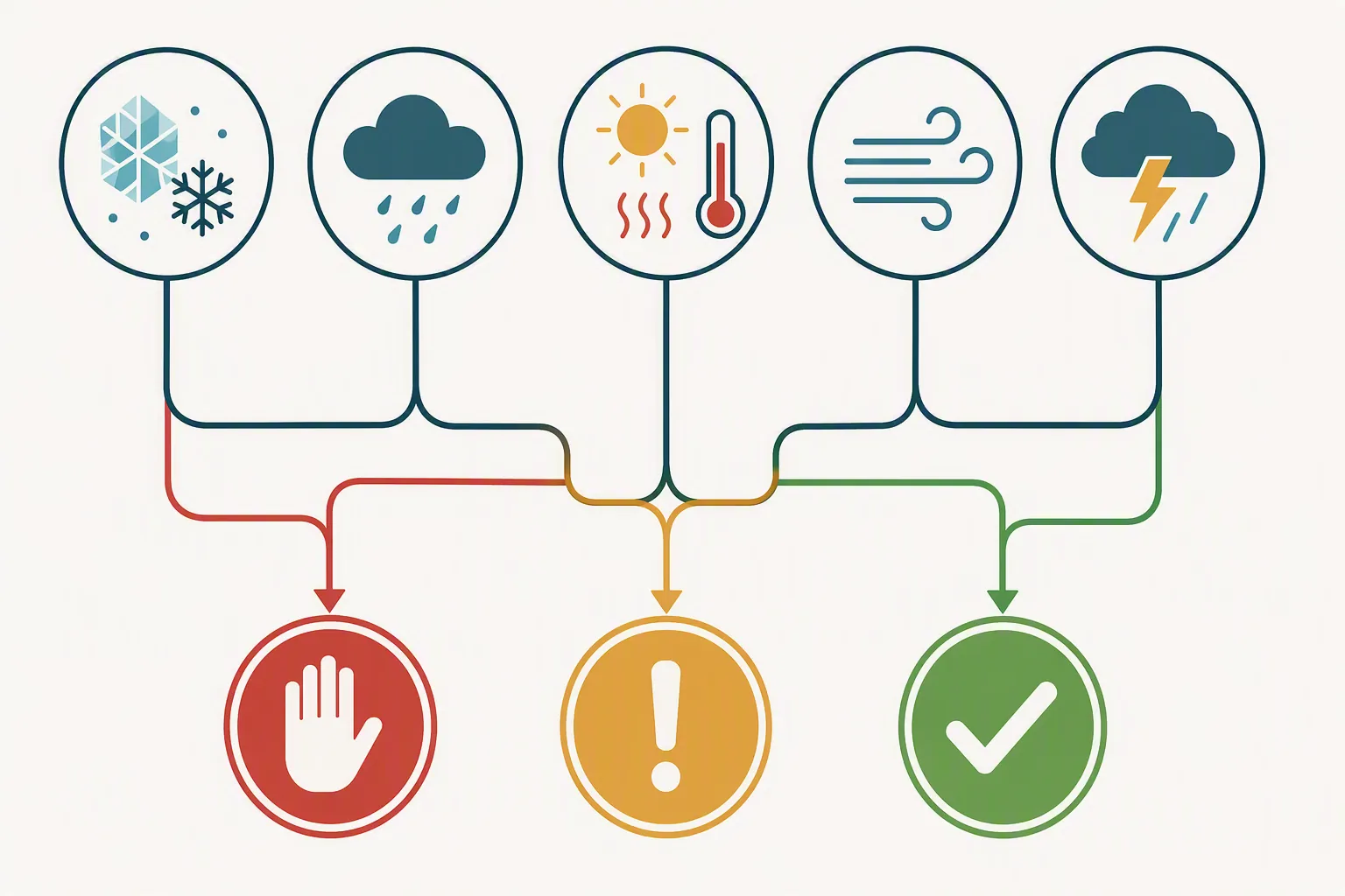 Decision map with weather icons and red, amber, and green go/no-go indicators