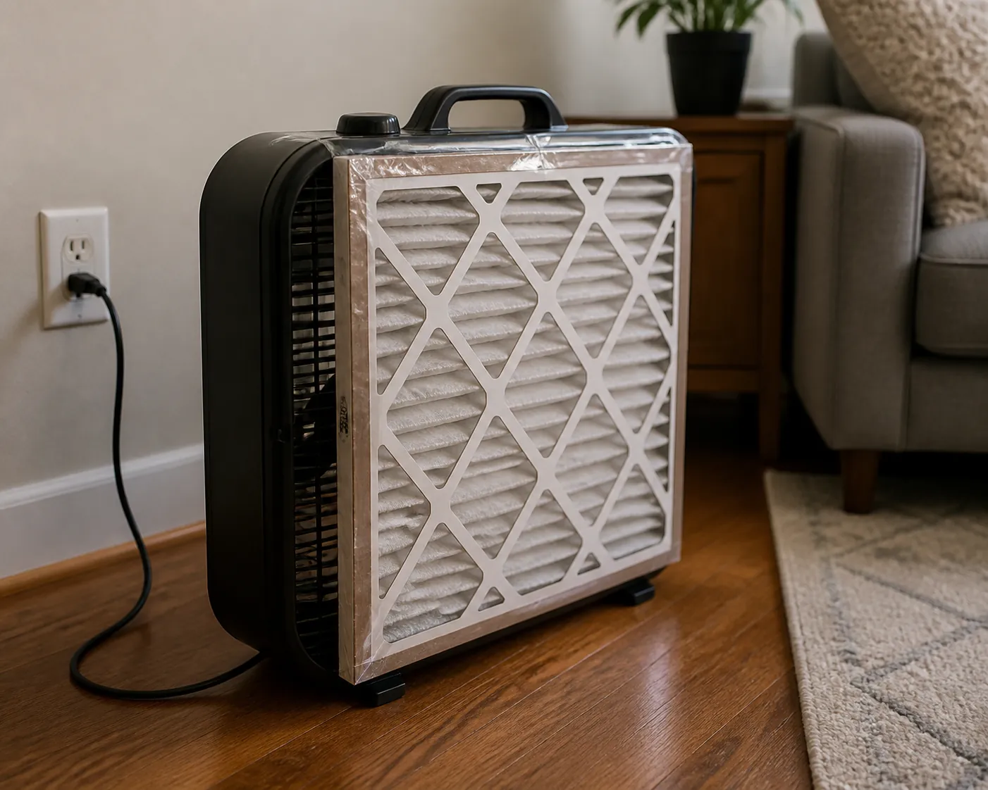DIY box fan air filter with a pleated furnace filter taped to the intake side on a clear floor