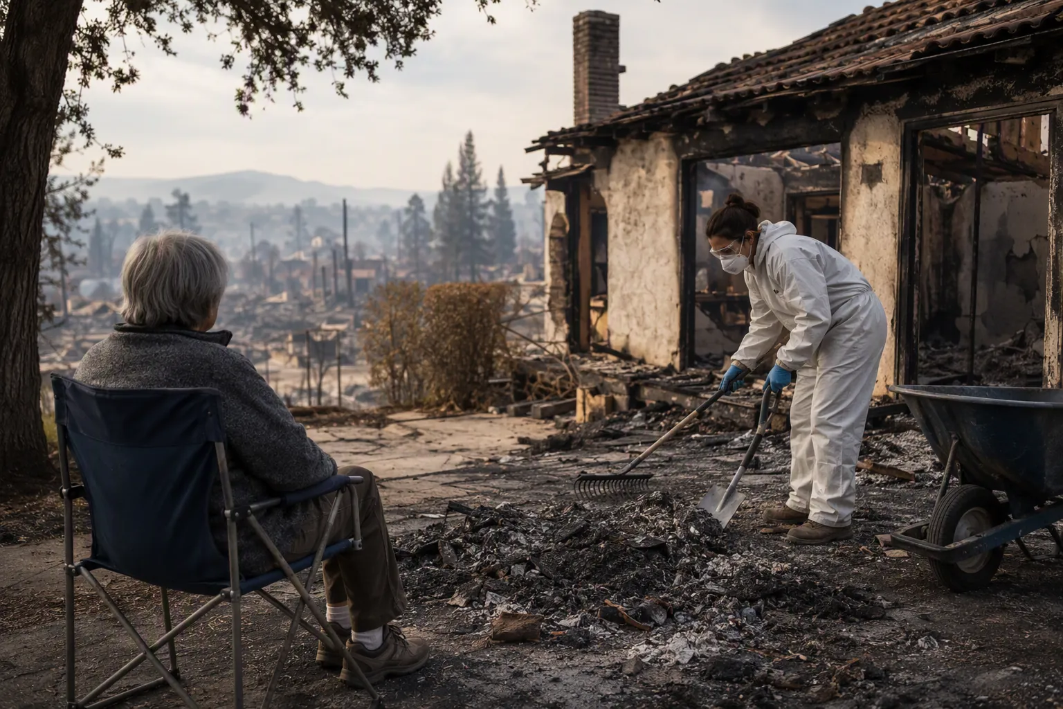 Older adult resting away from post-fire cleanup while a younger adult in an N95 respirator, gloves, and protective clothing handles ash and debris